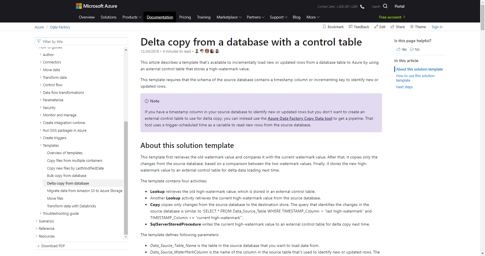 Screenshot of the official documentation for Azure Data Factory templates