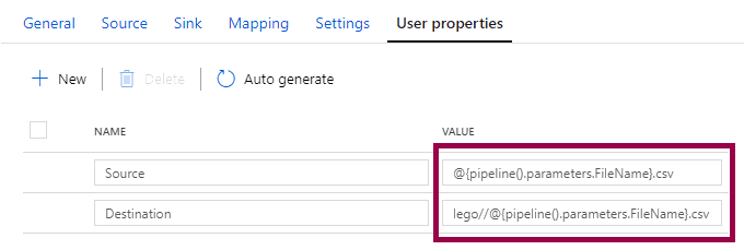 Screenshot of the pipeline settings, showing the user properties, after changing the user properties