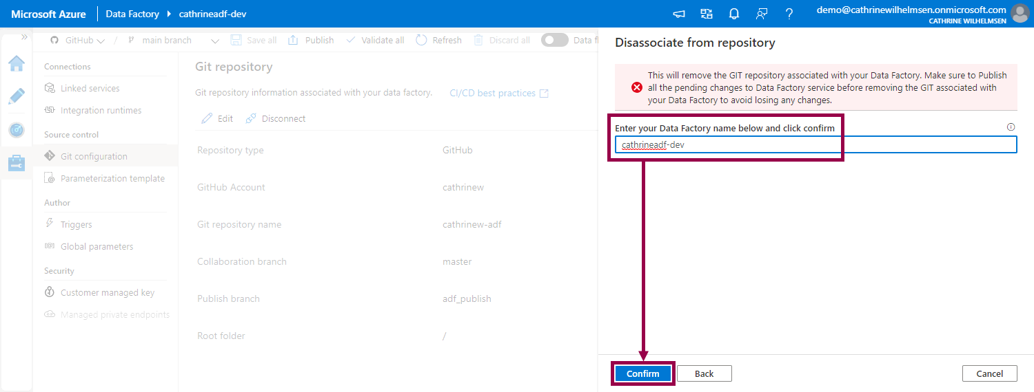 Screenshot of the confirmation and warning screen in Azure Data Factory when disconnecting from a Git Repository.