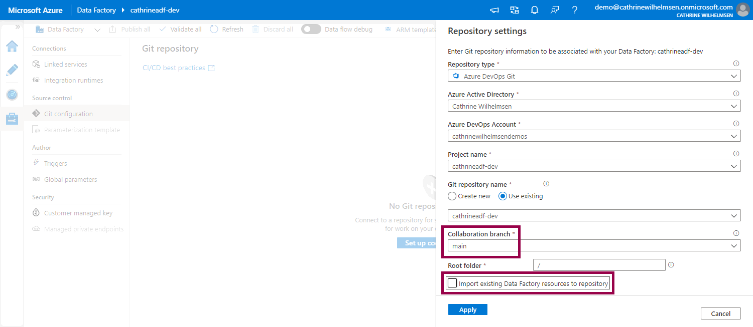 Screenshot of the Git repository settings in Azure Data Factory with the collaboration branch and import settings highlighted.}(/images/adf/renaming-default-branch/AzureDataFactoryRenameDefaultBranchADF10.png &ldquo;border&rdquo;)
