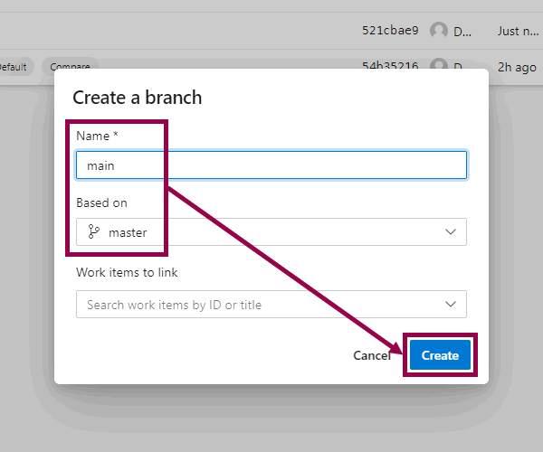 Screenshot of the Branches page in Azure DevOps with the Create a branch pane highlighted.