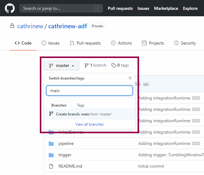 Screenshot of the Code page in GitHub with the new branch dropdown highlighted.