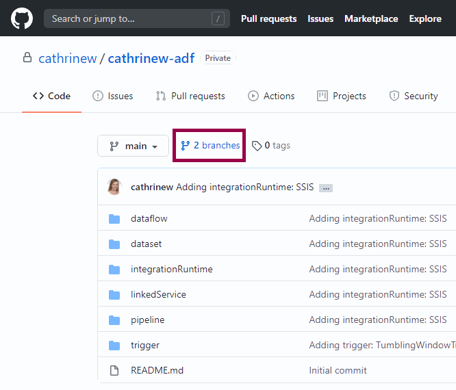 Screenshot of the Code page in GitHub with the branches link highlighted.
