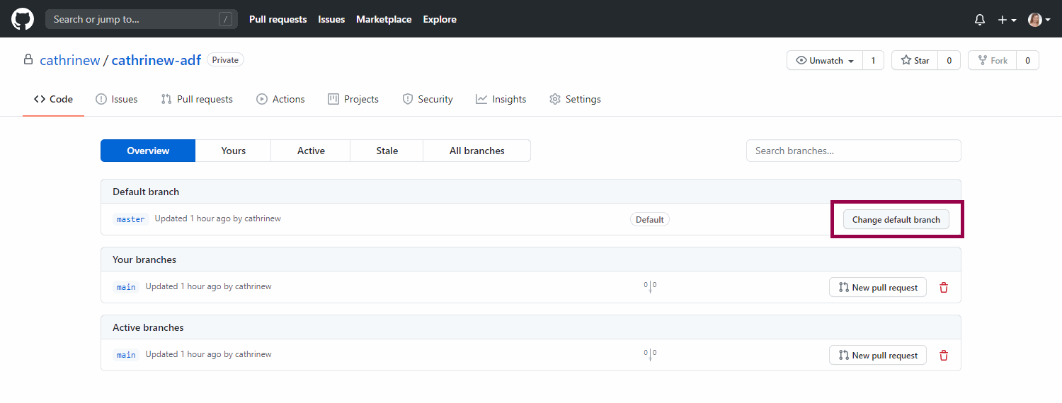 Screenshot of the branches overview page in GitHub with the change default branch button highlighted.