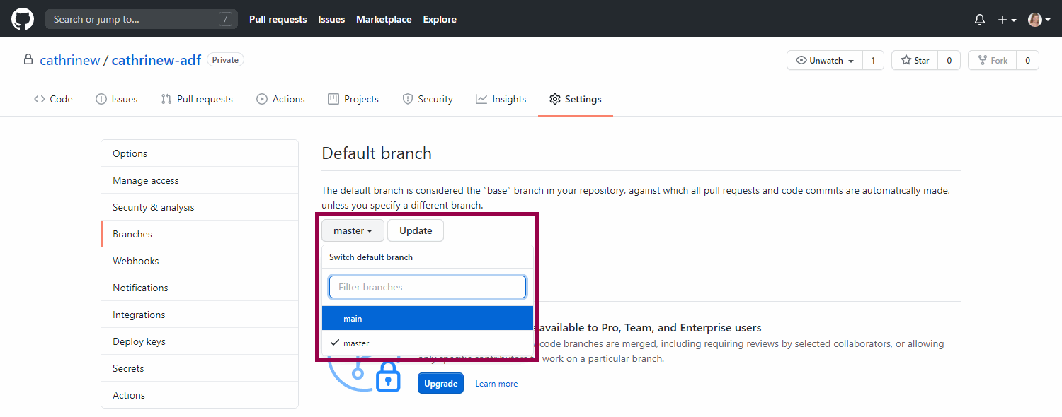 Screenshot of the default branch page in GitHub with the change default branch dropdown highlighted,