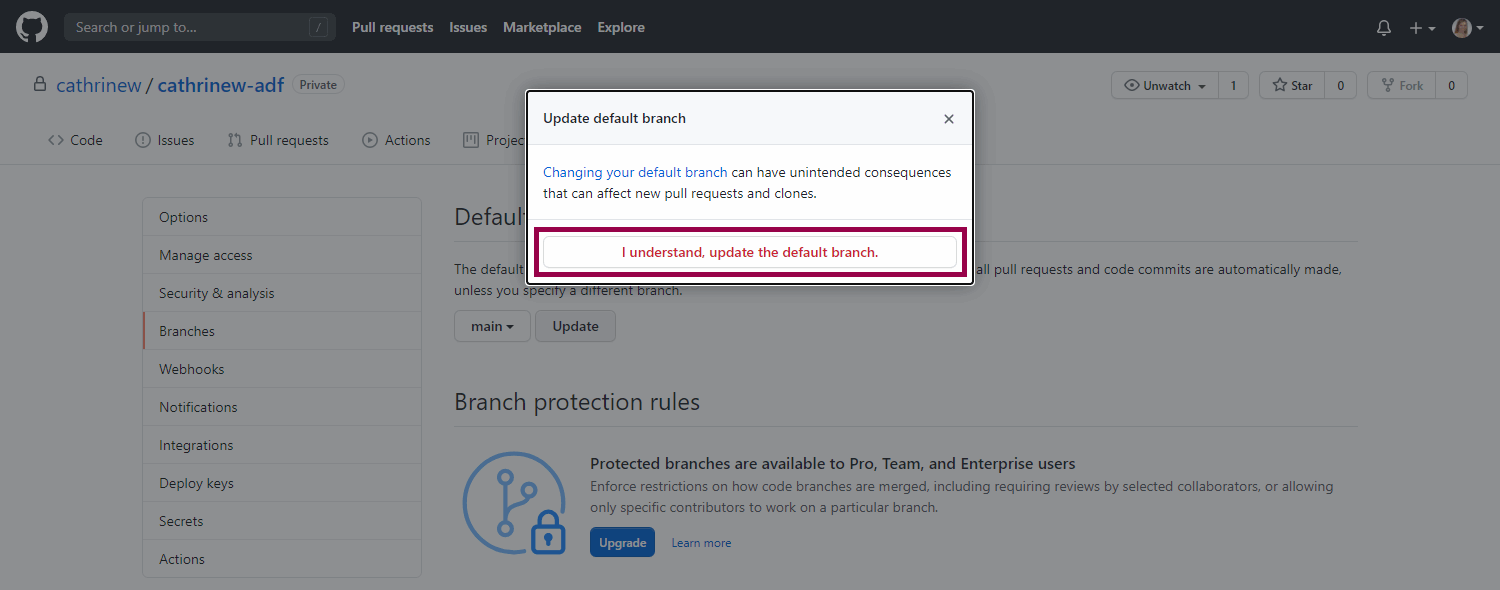 Screenshot of the update default branch warning text in GitHub with the I understand button highlighted.