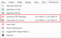 BimlExpress Keyboard Shortcuts Menu.