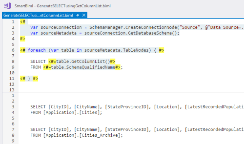 Screenshot of using GetColumnList to generate SELECT statement in BimlExpress.