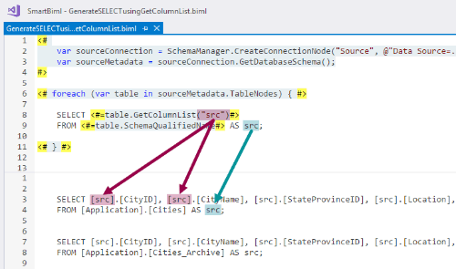 Screenshot of creating SELECT with table alias.