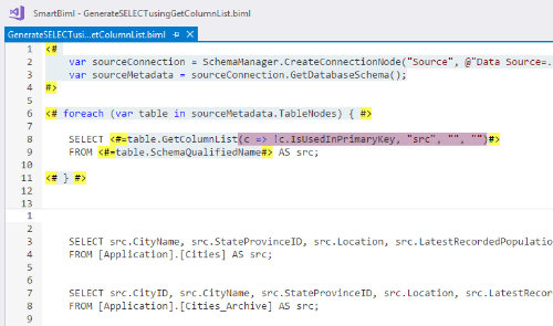 Screenshot of creating SELECT with specific columns, table alias, but no delimiters.