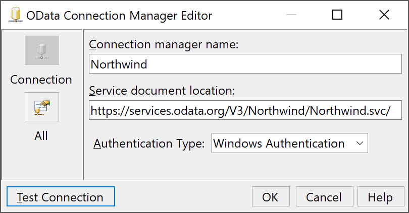 SSIS OData Connection Manager Editor.