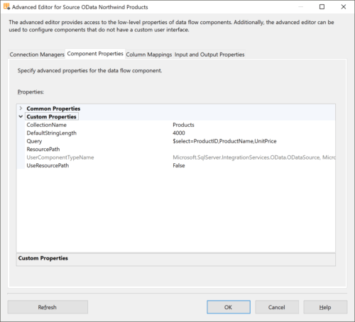 SSIS OData Source Advanced Editor: Component Properties.