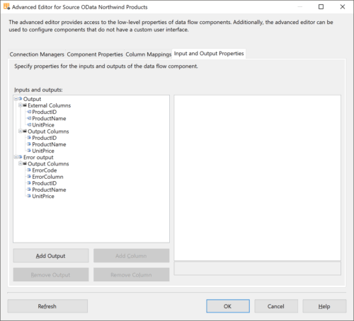 SSIS OData Source Advanced Editor: Input and Output Properties.