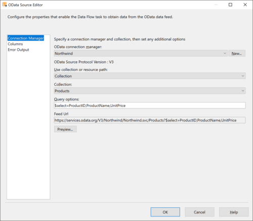 SSIS OData Source Editor: Connection Manager.