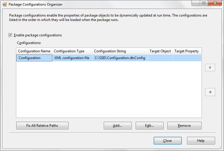 SSIS XML configuration file Package Configuration.
