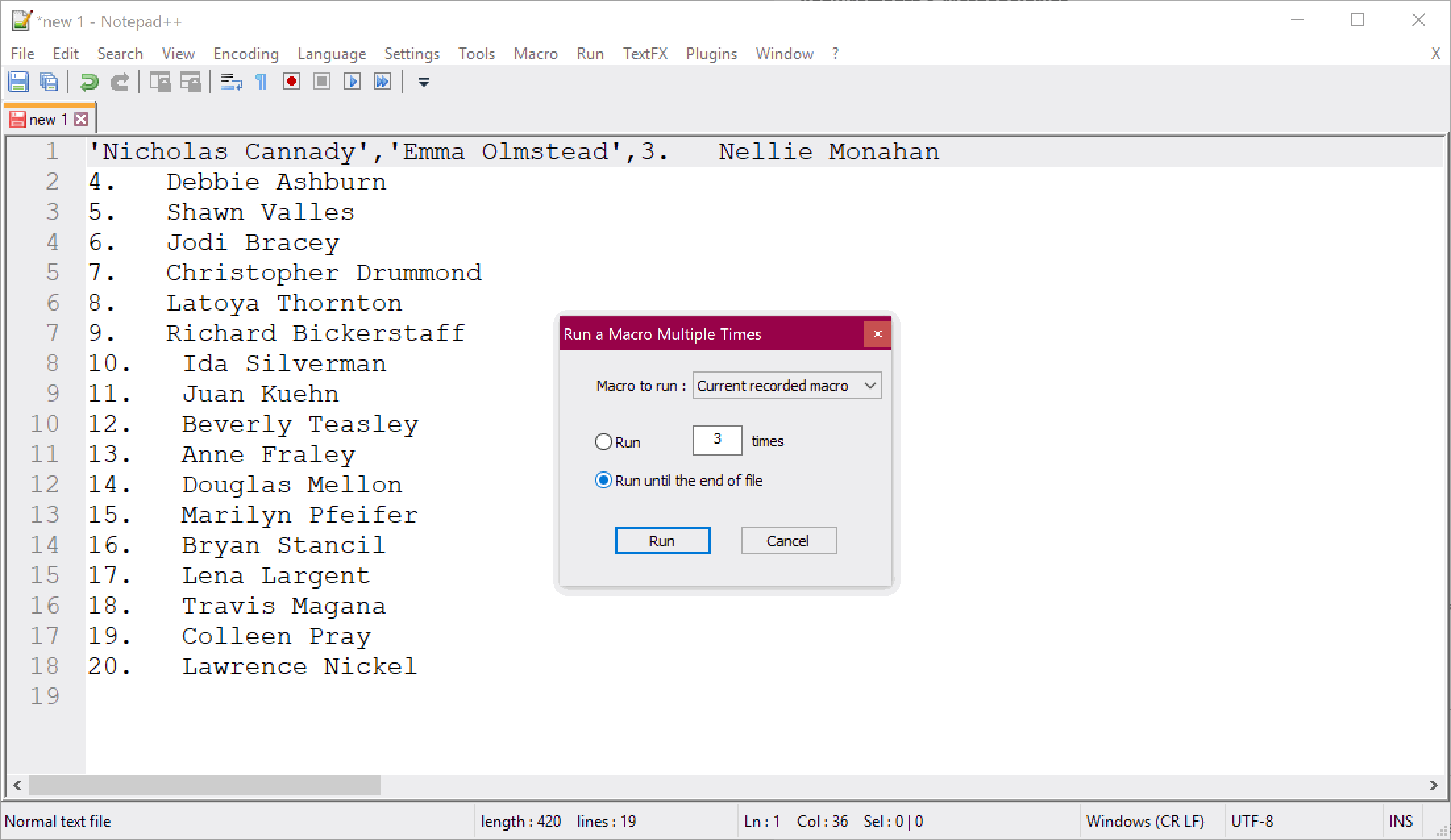Screenshot of selecting the option to run the macro until the end of file.