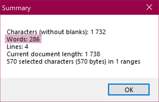 Screenshot of Summary box counting 286 total words, but no selected words.