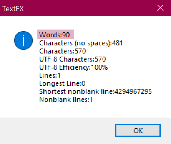 Screenshot of TextFX Word Count showing 90 selected words.