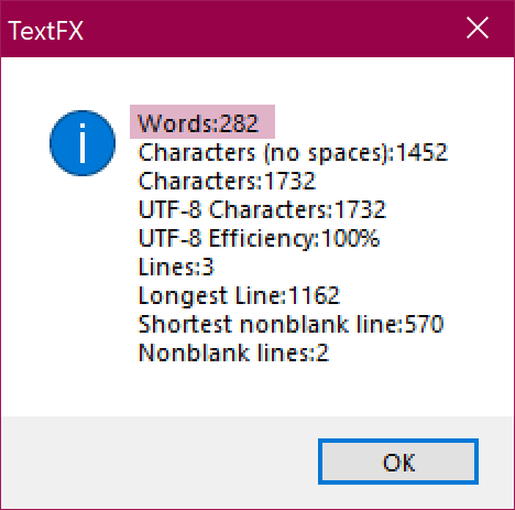Screenshot of TextFX Word Count showing 282 total words.