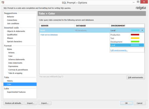 Redgate SQL Prompt Tab Coloring Options.